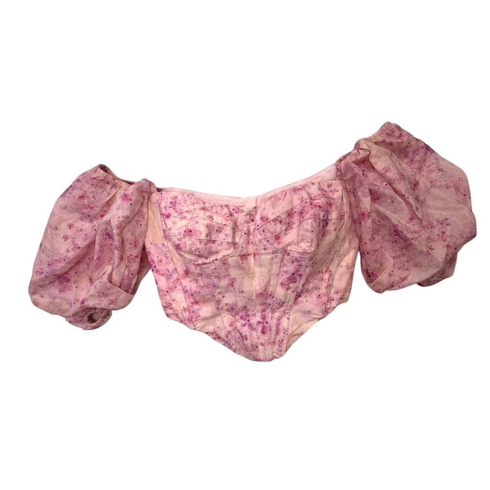 Bardot Floral Corset Top XS Pink Puff Sleeve Bustier Cottagecore Blouse